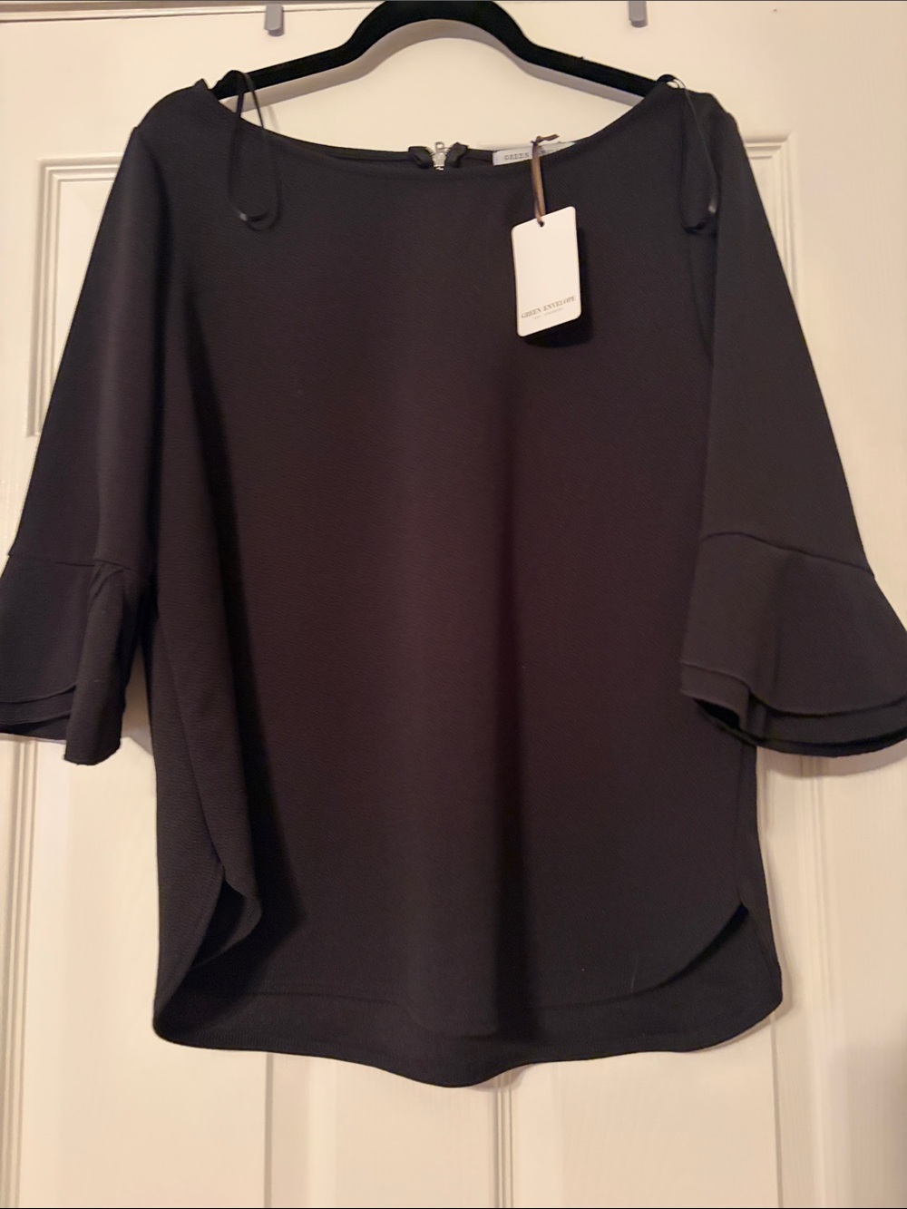 Green Envelope Black Tiered-Ruffle Boatneck Blouse